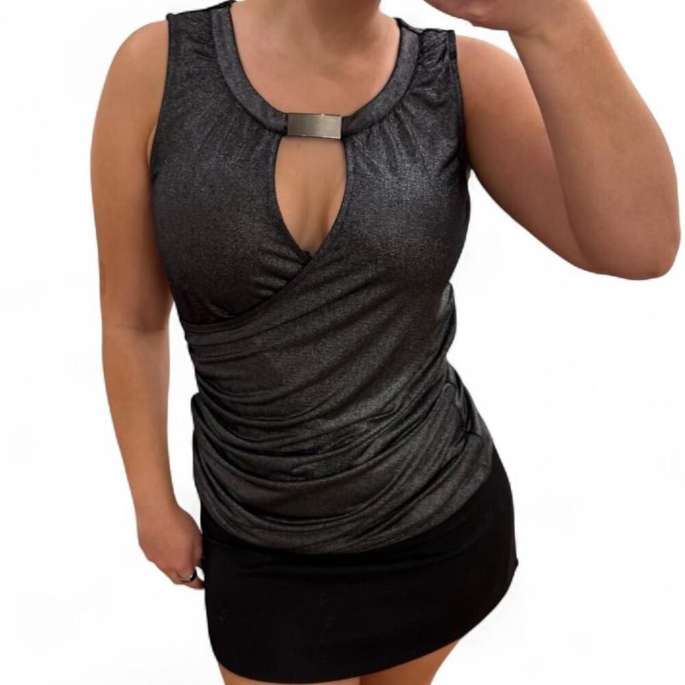vintage y2k caché metallic gunmetal ruched tank top